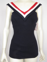 "Catalina" Red, Cream, & Navy V-Neck Wool Swimsuit