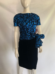 "Yves Saint Laurent" Electric Blue Pattern With Black Velvet Dress