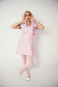 Bubblegum Pink Short Sleeve Dress w/ Beaded & Rhinestone Sleeves & Bow Belt 