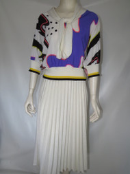 2pc. White Knit Pleated Skirt & Abstract Swirl Pattern Top