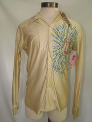 Tan Silk Button Down with Green and Blue Print