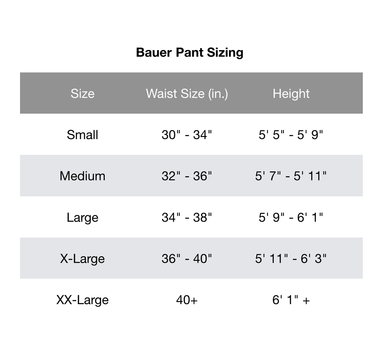 Bauer Hockey Pant Size Chart