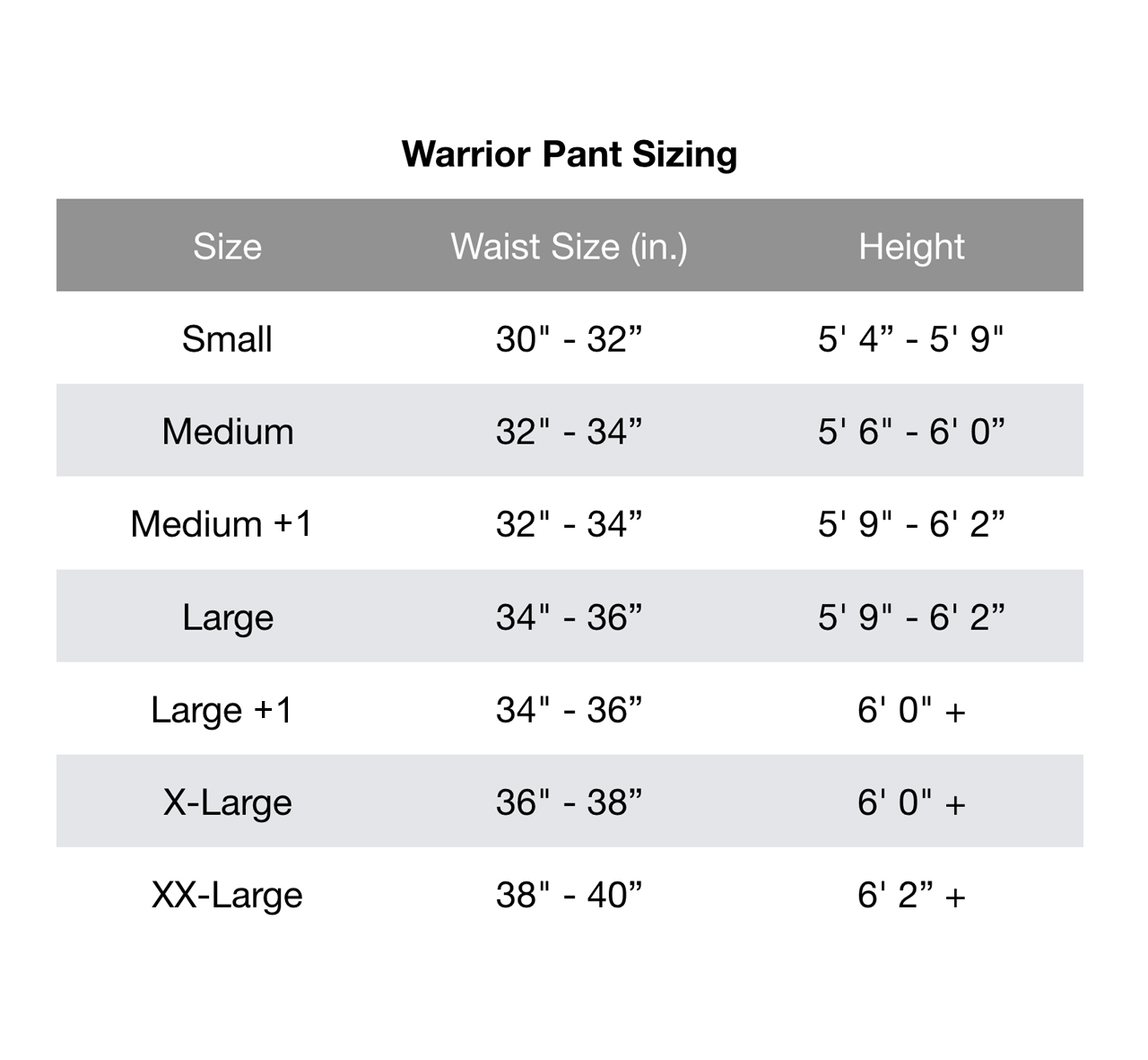 Warrior Pants Chart