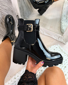Beverly Black Patent Buckle Heeled Ankle Boots