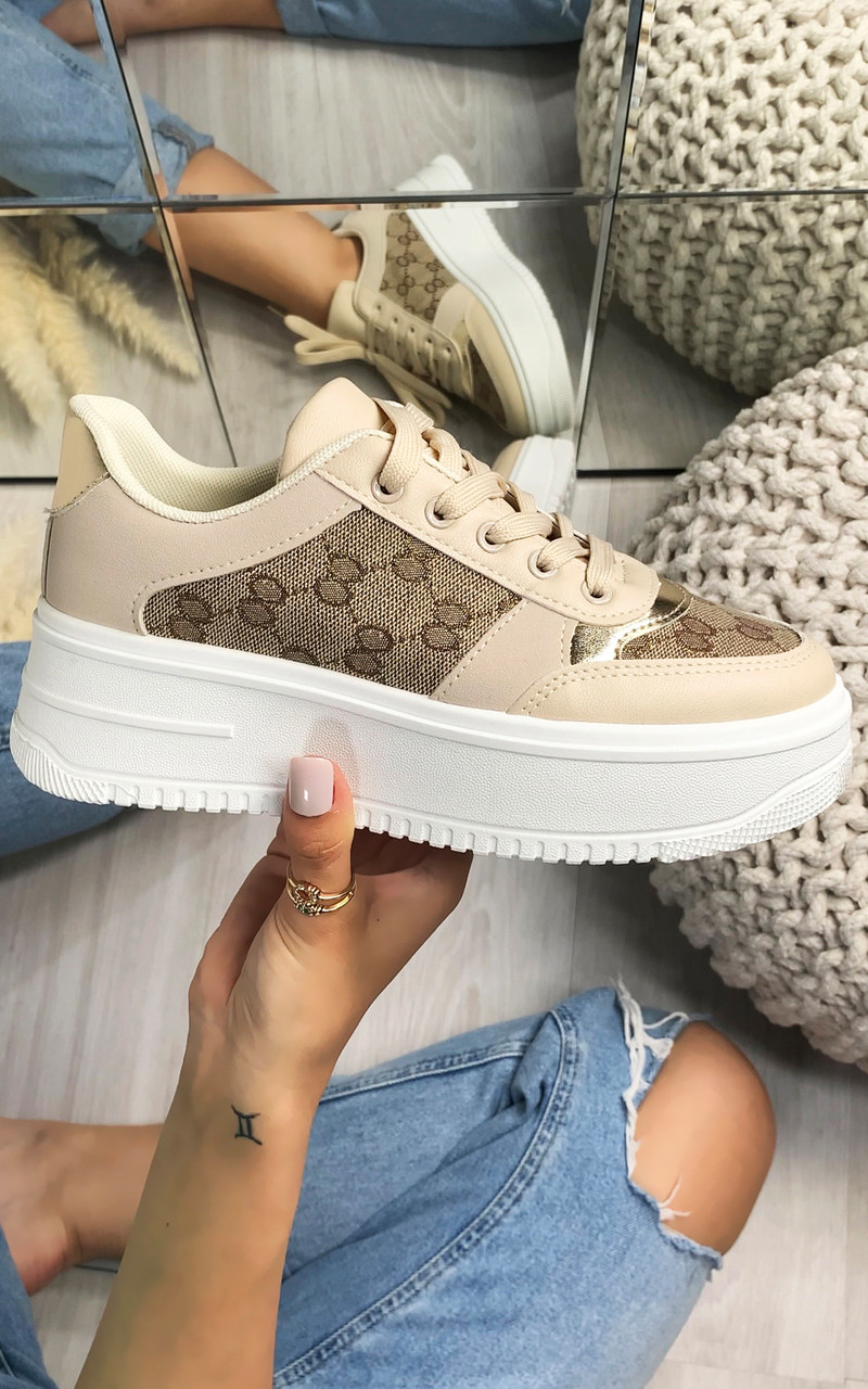 Darcia Embroidered Platform Sneaker in Beige - Larena Fashion