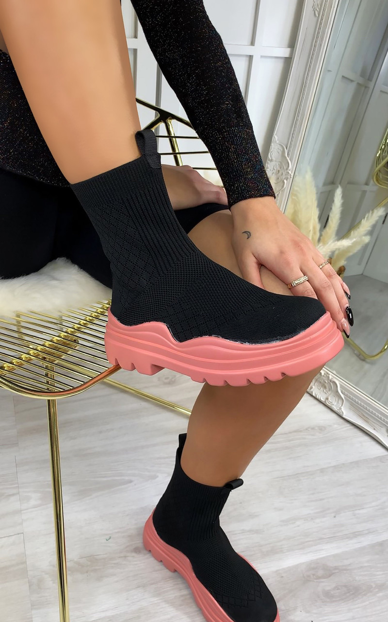 Fleur Knitted Stretch Chunky Sole Ankle Boots in Black/Pink - Larena Fashion