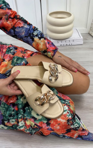 Aletta Gold Chunky Chain Sandals in Beige