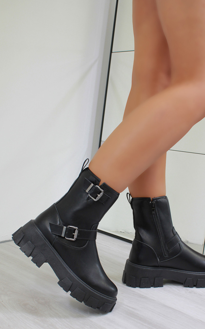 Dixie Buckle Zip Up Biker Ankle Boots in Black - Larena Fashion