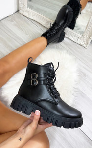 Etta Lace Up Zip Up Biker Ankle Boots in Black