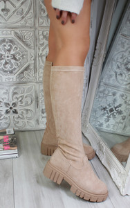 Kaira Zipped Knee High Boots In Beige