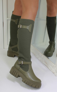 Callie Stretch Knee High Boots In Army Green