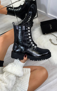 Amber Lace Up Stud Embellished Chunky Sole Biker Ankle Boot in Croc Black