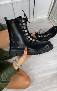 Amber Lace Up Stud Embellished Chunky Sole Biker Ankle Boot in Black