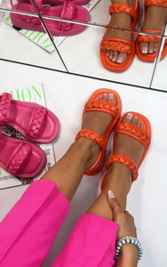 Amei Flat Strappy Braided Detail Sandals in Orange