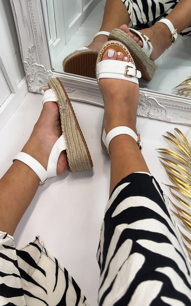 Santorini Espadrille Platform Ankle Strap Sandals in White - Larena Fashion