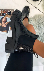 Logan Chelsea Ankle Boots in Black Croc Patent