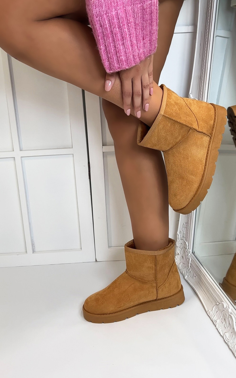 Louie Suedette Pull On Faux Fur Lined Mid Ankle Boots in Camel Larena Fashion