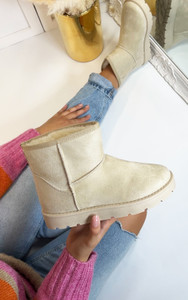 Louie Suedette Pull On Faux Fur Lined Mid Ankle Boots in Beige