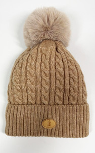 Reykjavik Cable Knit Teddy Fleece Lining Detachable Pompom Beanie Hat in Beige