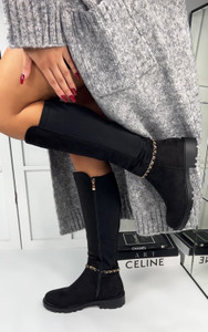 Jayne Zipped Riding Knee High Boots with Side Zip in Black Suede