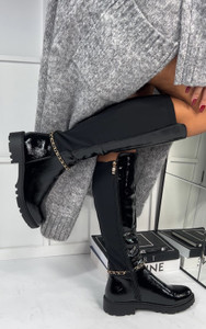 Jayne Zipped Riding Knee High Boots with Side Zip in Black Patent