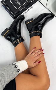 Novah Zip Up Ankle Boots with Gold Detail in Black Patent