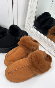 Olivia Chunky Platform Faux Fur Slippers in Camel