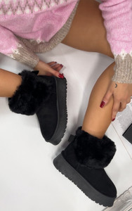 Solene Fuzzy Pull On Suede Winter Chunky Platform Faux Fur Ankle Boots in Black