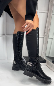 Scarlett Knee High Stretch Calf Zip Winter Long Boots in Black