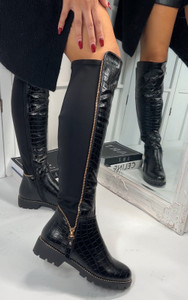 Luna Long Knee High Stretch Calf Zip Winter Long Boots in Black