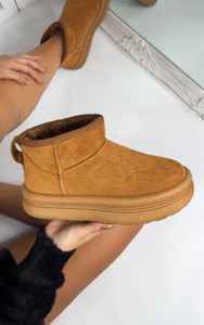 Saylor Pull On Platform Faux Fur Lined Mini Ankle Boots in Camel