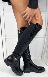 Vivianna Long Knee High Stretch Calf Zip Winter Long Boots in Black