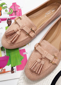 Delaney Tassel Detail Slip On Loafers Suede Moccasins in Pink