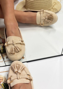 Delaney Tassel Detail Slip On Loafers Suede Moccasins in Beige