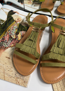 Abilene Tassel Detail Faux Suede Flat Sandals in Green