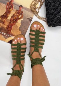 Kaydie Strappy Suedette Lace Up Tie Sandals in Green