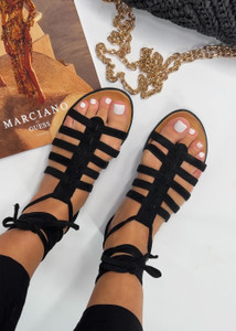 Kaydie Strappy Suedette Lace Up Tie Sandals in Black