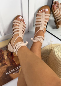 Kaydie Strappy Suedette Lace Up Tie Sandals in Beige