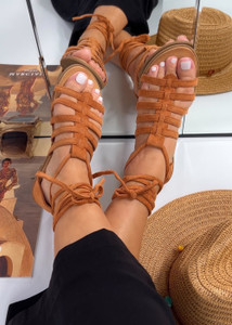 Kaydie Strappy Suedette Lace Up Tie Sandals in Camel