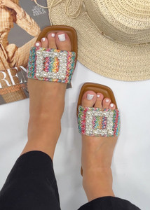 Kai Embellished Flat Slider Sandals in Multicolour