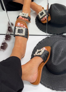 Kai Embellished Flat Slider Sandals in Black