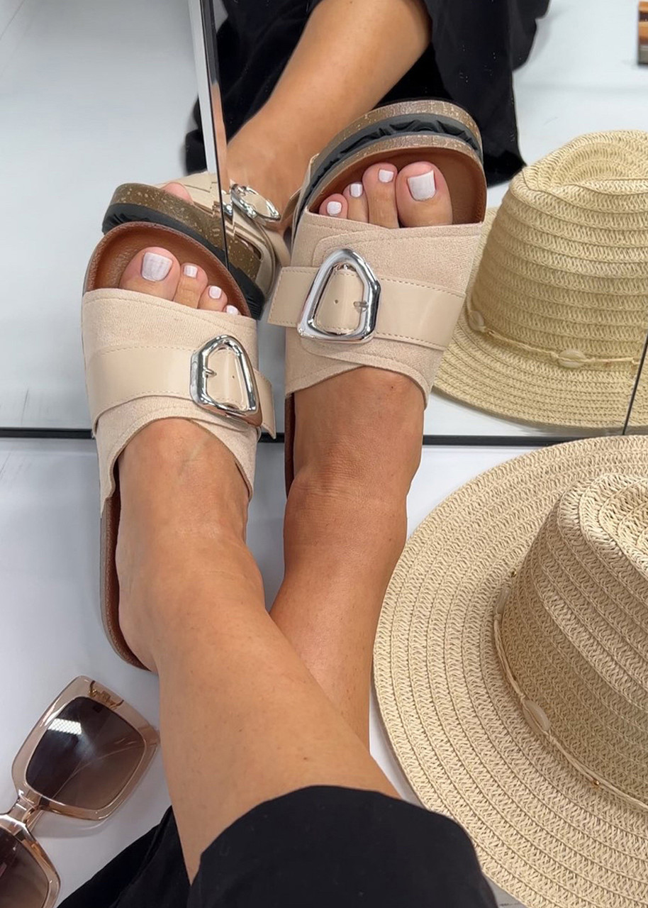 Carter Buckle Suede Flat Flatform Slider Sandals in Beige - Larena Fashion