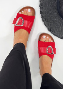 Carter Buckle Suede Flat Flatform Slider Sandals in Red