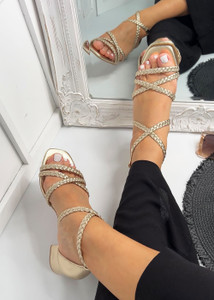 Saona Braided Strappy Low Block Heel Suede Sandals in Gold