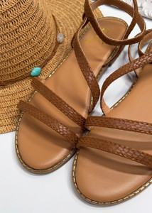 Corsica Strappy Ankle Closure Flat Summer Sandals in Camel