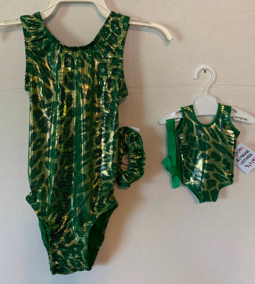 Tank style gymnastics leotard in a beautiful GOLD GREEN ENVY metallic spandex - one for you and one for your 18" doll. Free scrunchie included for you, and free headband for your doll. This doll leotard was made to fit the American Girl dolls, but will fit most similar body type 18" dolls.