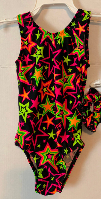 Gymnastics and/or dance leotard in a black with neon stars spandex.  Available in tank or racer back. Free scrunchie included.
