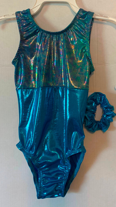 Gymnastics and/or dance leotard in a beautiful turquoise tie-dye metallic spandex split with solid turquoise metallic spandex.  Available in tank or racer back. Free scrunchie included.