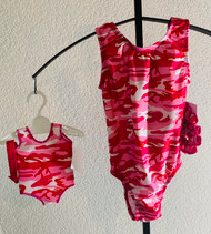 Gymnastics leotards in a pink CAMO spandex - one for you and one for your 18" doll.  Free scrunchie included for you, and free headband for your doll. This doll leotard was made to fit the American Girl dolls, but will fit most similar body type 18" dolls.