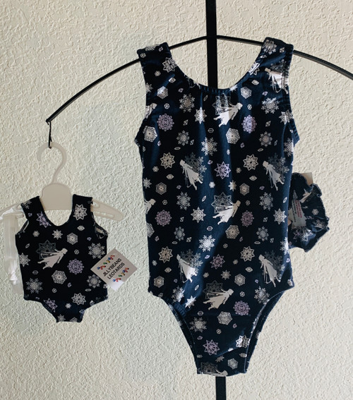 Gymnastics leotards in a navy FROZEN cotton spandex - one for you and one for your 18" doll.  Free scrunchie included for you, and free headband for your doll. This doll leotard was made to fit the American Girl dolls, but will fit most similar body type 18" dolls.